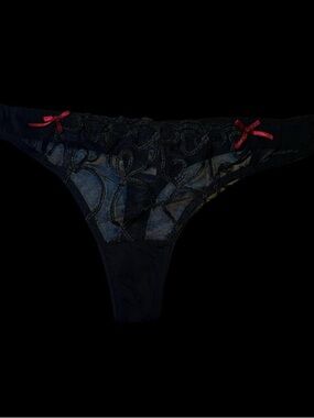 Sheer Black Lace Thong with Red Bow Accents